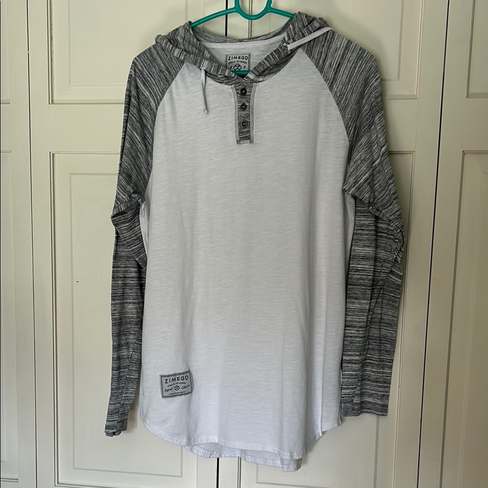 Zimego Men's Medium Gray and White Hooded Shirt